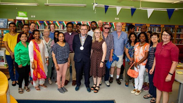<p>Mayor of Waterford City and County Seamus Ryan with members of the local Indian community at Ardkeen Library. Photo: Waterford in Your Pocket</p>