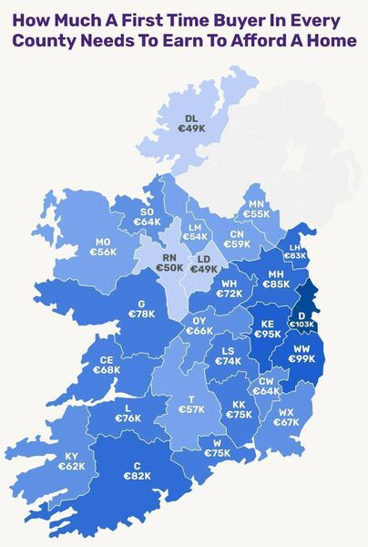 Median income needed to buy a first home by county. Source: Chill. Median income needed to buy a first home by county. Source: Chill.