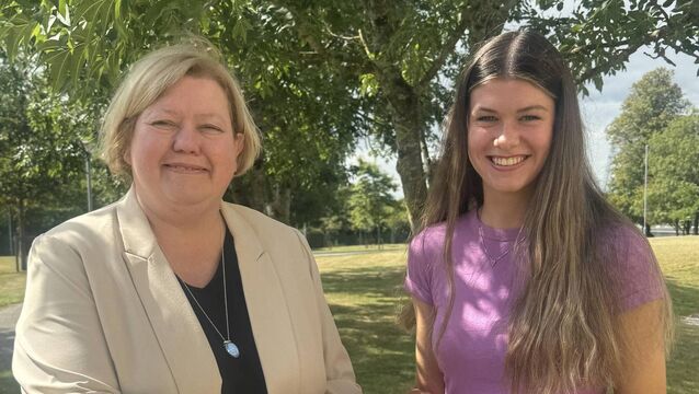 <p>Michelle Jefford, Principal Abbey Community College congratulates Ella Foskin</p>
