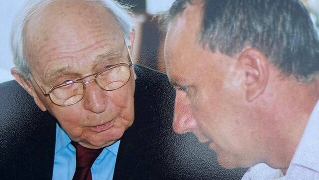 <p>Pat Fitzgerald pictured in 2004 in discussion with Jack Jones, former General Secretary of the inion, when Jack visited the factory. 	Photo: John Power</p>