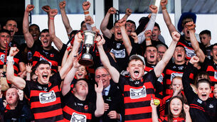 <p>Ballygunner joint captains Peter Hogan and Mikey Mahony lift the News &amp; Star Cup after final victory over Mount Sion at Walsh Park. Photo: INPHO/Tom Maher </p>