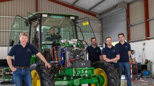 <p>Mike Keane (left) founder of Hibra Design with the team behind the first fully operational, full-size agricultural tractor in Ireland.</p>