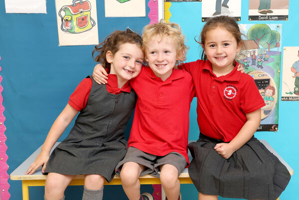 Alex, Darragh and Abbie, who started school at Gaelscoil Philib Barún, Tramore. Photo: Joe Evans Alex, Darragh and Abbie, who started school at Gaelscoil Philib Barún, Tramore. Photo: Joe Evans