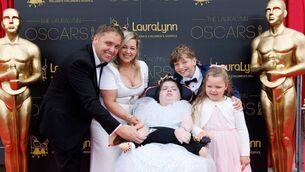 <p>Emily Ahearne, (14) from Dungarvan and her family pictured on the red carpet for the LauraLynn Oscars at the Odeon Cinema in Charlestown. Picture Andres Poveda</p>