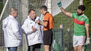 <p>One point or Two? Referee Ganin Whelan discuss a one point or two with his umpires while Clashmore goalkeeper Eoin Kelly looks on. </p>