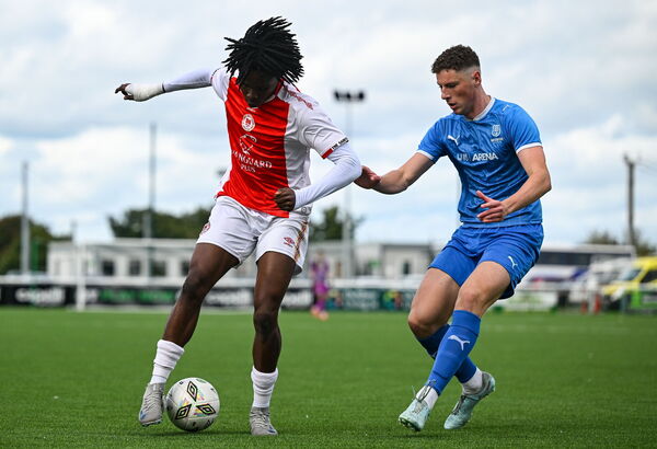 13 September 2025; Ifeoluwa Samuel Ogungbe of St Patrick's Athletic in action against Noah O'Brien of Waterford during the EA SPORTS MU17 LOI Mark Farren Cup match between St Patrick’s Athletic and Waterford at Carlisle Grounds in Bray, Wicklow. Photo by Shauna Clinton/Sportsfile 13 September 2025; Ifeoluwa Samuel Ogungbe of St Patrick's Athletic in action against Noah O'Brien of Waterford during the EA SPORTS MU17 LOI Mark Farren Cup match between St Patrick’s Athletic and Waterford at Carlisle Grounds in Bray, Wicklow. Photo by Shauna Clinton/Sportsfile