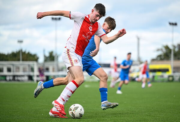 13 September 2025; Joshua O'Connor of St Patrick's Athletic in action against Benjamin Martin of Waterford during the EA SPORTS MU17 LOI Mark Farren Cup match between St Patrick’s Athletic and Waterford at Carlisle Grounds in Bray, Wicklow. Photo by Shauna Clinton/Sportsfile 13 September 2025; Joshua O'Connor of St Patrick's Athletic in action against Benjamin Martin of Waterford during the EA SPORTS MU17 LOI Mark Farren Cup match between St Patrick’s Athletic and Waterford at Carlisle Grounds in Bray, Wicklow. Photo by Shauna Clinton/Sportsfile