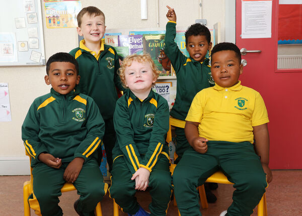 Johann, Zach, Cian, Gwasara and Joshua, who started school at Scoil Lorcain. Photo: Joe Evans Johann, Zach, Cian, Gwasara and Joshua, who started school at Scoil Lorcain. Photo: Joe Evans