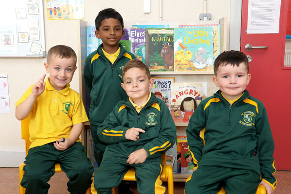 Daniel, Benjoe, Patrick and Cian, who started school at Scoil Lorcain. Photo: Joe Evans Daniel, Benjoe, Patrick and Cian, who started school at Scoil Lorcain. Photo: Joe Evans