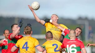 <p>Fourmilewaters Sean Walsh rises up out of a group of players to gain possession during the J.J. Kavanagh &amp; Sons Senior Football Championship against Clashmore/Kinsalebeg at Cappoquin Logistic Fraher Field.</p>