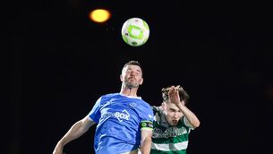 <p>Waterford's Padraig Amond and Matthew Healy of Shamrock Rovers go up for the header in their SSE Airtricity League Premier Division clash at RSC, Waterford. Photo: ©INPHO/Tom Maher</p>