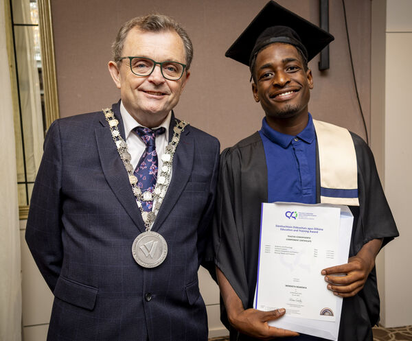  Mayor of Waterford City &amp; County Cllr. Seamus Ryan and Mendieta Ngwenya, Nursing Studies, at Waterford College of Further Education, Graduation &amp; Awards Ceremony. Photo: Joe Evans