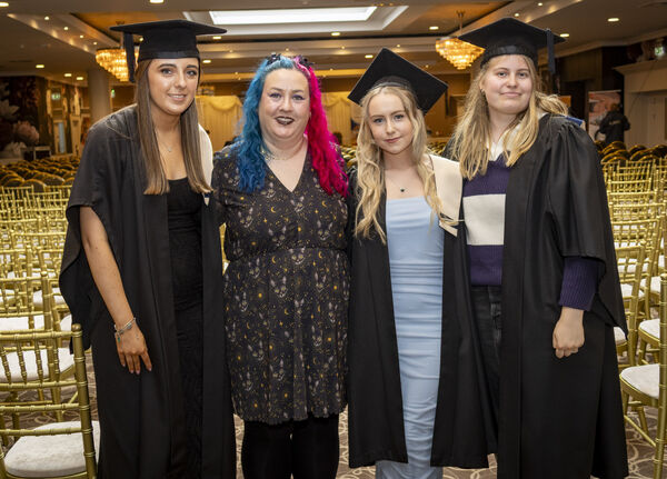  Karen O'Reill, Amy O'Shea and Gabriele Terekaite, Animal Science &amp; Grooming with their tutor Grainne Kelly, at Waterford College of Further Education, Graduation &amp; Awards Ceremony. Photo: Joe Evans