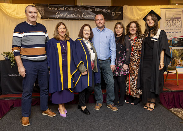  Jim Hayes, Noreen Reilly, Principal, Maria Hayes, Tutor, CJ Kri, Mary Beskri, Jackie Hayes and Amy Hayes, at Waterford College of Further Education, Graduation &amp; Awards Ceremony.