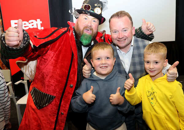  Jamie Drohan, Richie Hayes and Jack and Robbie, at SETU Arena for the launch of Jack and the Beanstalk. Photo: Joe Evans