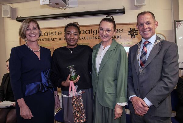 Senior German Award: Pictured, from left, Sally Ronayne (Principal), Elisha Igbinigie, Yulia Giyazova (German teacher), Cllr Frank Quinlan, Deputy Mayor. Photo: John Power