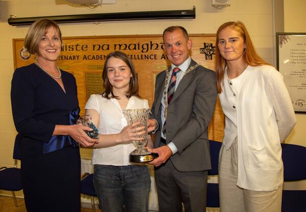 From left, Sally Ronayne (Principal), Millie Power, award recipient, Cllr Frank Quinlan, Deputy Mayor, and Beth Carton (Maths teacher). photo: John Power