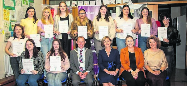 Green Schools Certificate recipients pictured with Cllr Frank Quinlan, Deputy Mayor, Sally Ronayne (Principal), Kellie Dempsey and Trish Byrne, Presentation. Photo: John Power