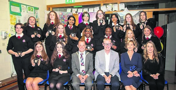 5th year students receiving the Gaisce Bronze Award pictured with Cllr Frank Quinlan, Deputy Mayor, Cathal Lowe (Arachas), Sally Ronayne (Principal), and Laura Cooney (Gaisce President’s Award Leader). Photo: John Power