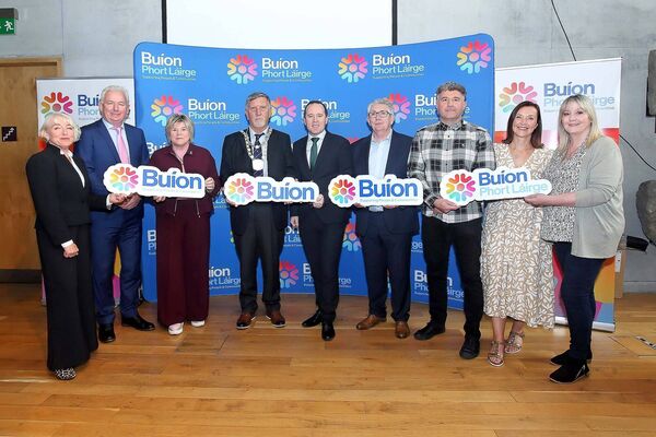 Pictured at the Waterford Area Partnership launch of a new company brand identity in the Garden Room, Medieval Museum, were Cllr. Blaise Hannigan, Government Chief Whip and Minister of State at the Department of Health, Mary Butler T.D, Minister of State at the Department of Housing, Local Government and Heritage, John Cummins TD, Liz Riches, Communications and Innovations Manager, Buíón, Liam Quinn, CEO, Buíon, Eoin Ronayne, Chairman, Buíon, Stephen Whelan, Catherine O'Brien and Karen Glancy, Waterford Food Bank. Photo: Noel Browne