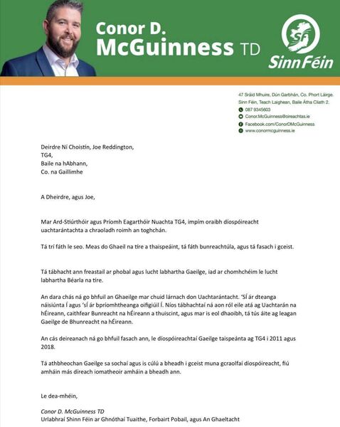 Deputy McGuinness wrote to TG4 asking them to reconsider. Picture: Conor McGuinness on Facebook. Deputy McGuinness wrote to TG4 asking them to reconsider. Picture: Conor McGuinness on Facebook.