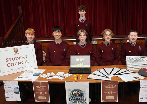 Thomas, Sam, Bobby, Toby and Oliver, and, back, James, Student Council, at De La Salle College Open Night. Photo: Joe Evans Thomas, Sam, Bobby, Toby and Oliver, and, back, James, Student Council, at De La Salle College Open Night. Photo: Joe Evans