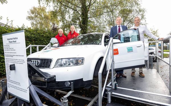 Members of the Road Safety Authority along with Sean McKeown, Chief Executive of Waterford City and County Council and Derek Lyons, WCCC Safety Team, at the roll‐over simulator vehicle experience