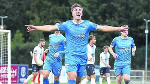 <p class="contextmenu internal_Caption">Tommy Lonergan celebrates scoring the opening goal in Waterford’s win over Drogheda United 	Photo: Noel Browne</p>