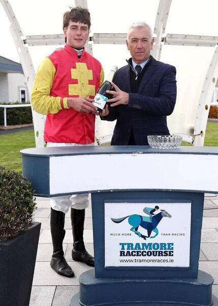 Winner of the TramoreRaces.ie Maiden Hurdle was the Denis Hogan trained Cousin Kate, ridden by Daniel King who is pictured receiving his prize from Owen Byrne, Manager Tramore Racecourse. Winner of the TramoreRaces.ie Maiden Hurdle was the Denis Hogan trained Cousin Kate, ridden by Daniel King who is pictured receiving his prize from Owen Byrne, Manager Tramore Racecourse.