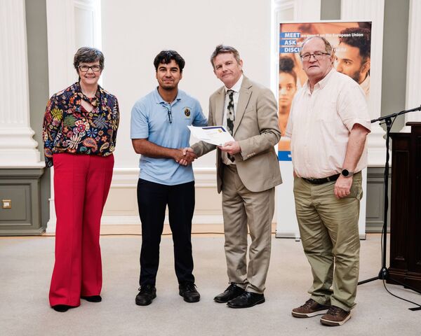 Judging panel Professor Felicity Kelliher, Gerard Arthurs and Jim Linane, with Hasib Zia, Wexford CBS, Winner of 17 & over category Judging panel Professor Felicity Kelliher, Gerard Arthurs and Jim Linane, with Hasib Zia, Wexford CBS, Winner of 17 & over category
