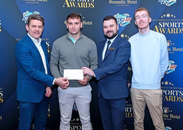 Dessie Hutchinson is the September winner of the Waterford Sports Awards in association with WLR and The Granville Hotel and he is pictured receiving his award from Neil Gough, WLR and Philip Erskine, Granville Hotel, also included is Jordan Norris, Chairperson Waterford Sports Awards. Photos: Noel Browne Dessie Hutchinson is the September winner of the Waterford Sports Awards in association with WLR and The Granville Hotel and he is pictured receiving his award from Neil Gough, WLR and Philip Erskine, Granville Hotel, also included is Jordan Norris, Chairperson Waterford Sports Awards. Photos: Noel Browne