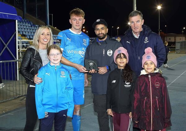 The Waterford FC In the Community Man of the Match was Conan Noonan and he is pictured with Ahmed, Lareen and Yara Elallus from A Class Barbers who are Partners in the Community sponsors, also included are Nicle Phelan, Colin Power, Head of Community Development, Waterford FC and Sandra Myler, Waterford FC secretary. The Waterford FC In the Community Man of the Match was Conan Noonan and he is pictured with Ahmed, Lareen and Yara Elallus from A Class Barbers who are Partners in the Community sponsors, also included are Nicle Phelan, Colin Power, Head of Community Development, Waterford FC and Sandra Myler, Waterford FC secretary.