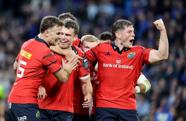 Munster's Shane Daly, Tom Farrell and Jack O'Donoghue celebrate scoring a try against Leinster. Munster's Shane Daly, Tom Farrell and Jack O'Donoghue celebrate scoring a try against Leinster.