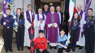 <p>Bishop Alphonsus Cullinan, Fr. John Tracey, Fr. Bobby Power and Fr. Liam Power, with members of the scouts and GAA Clubs, at St. Mary's Church, Ballygunner which celebrated 200 years. Photo: Joe Evans</p>
