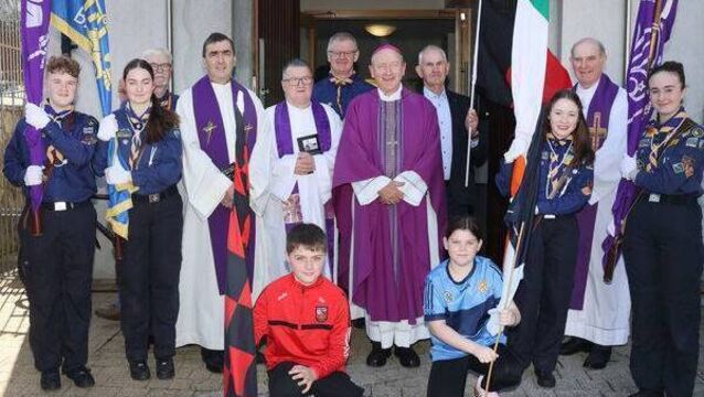 <p>Bishop Alphonsus Cullinan, Fr. John Tracey, Fr. Bobby Power and Fr. Liam Power, with members of the scouts and GAA Clubs, at St. Mary's Church, Ballygunner which celebrated 200 years. Photo: Joe Evans</p>