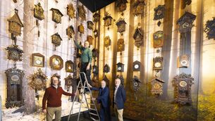<p>Pictured at the museum preparing for the clock change are Project Manager Eamonn McEneaney, museum benefactor David Boles, and co-curator Colman Curran, Conor Walsh Museum Technical Support - Photo Patrick Browne.</p>