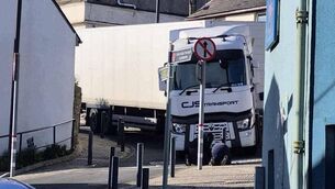 <p>On October 22, an articulated lorry became jammed at the corner of Main Street going on to Queen Street. Image: Derek O'Sullivan.</p> <p>On October 22, an articulated lorry became jammed at the corner of Main Street going on to Queen Street. Image: Derek O'Sullivan.</p>