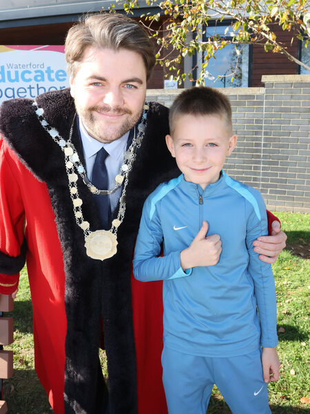 Metropolitan Mayor of Waterford Cllr. Adam Wyse, annual school visits and was welcomed to Waterford Educate Together by Green School Committee member Kayden. Photo: Joe Evans