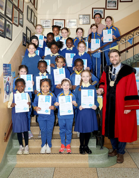  Metropolitan Mayor of Waterford Cllr. Adam Wyse, annual school visits and presented Merir Awards to pupils at Our Lady of Good Counsel GNS Ferrybank, also included is principal Jamie Nagel. Photo: Joe Evans