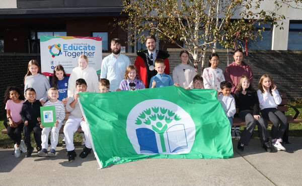  Metropolitan Mayor of Waterford Cllr. Adam Wyse, annual school visits and presented the Green Flag to the Green School Committee at Waterford Educate Together NS, also included Principal Patrick Pender. Photo: Joe Evans
