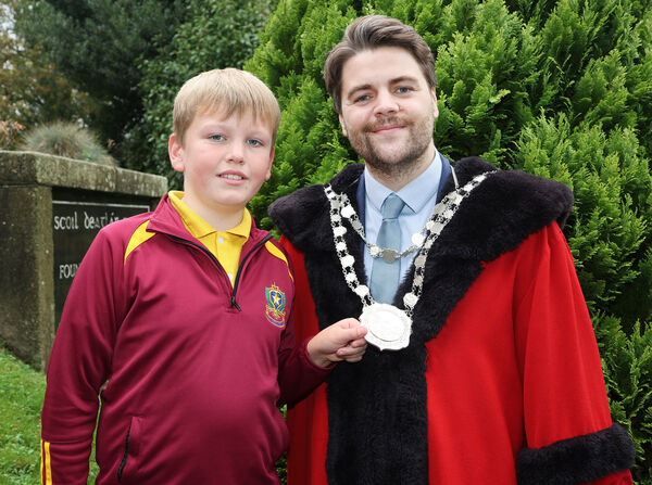 Metropolitan Mayor of Waterford Cllr. Adam Wyse, annul school visits, on his visit to St. Declan's he met Fionn, who is former Mayor of Waterford Cha O'Neill, great nephew. Photo: Joe Evans  Metropolitan Mayor of Waterford Cllr. Adam Wyse, annul school visits, on his visit to St. Declan's he met Fionn, who is former Mayor of Waterford Cha O'Neill, great nephew. Photo: Joe Evans