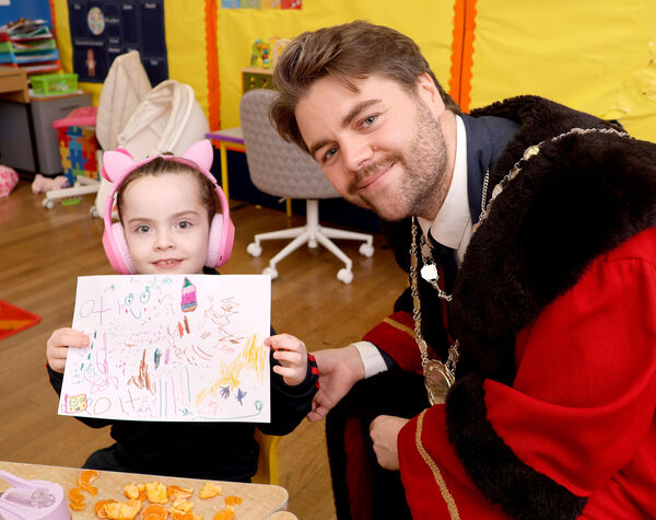 Metropolitan Mayor of Waterford Cllr. Adam Wyse, annul school visits, where Mia showed him her painting at St. Ursula's , new special class. Photo: Joe Evans  Metropolitan Mayor of Waterford Cllr. Adam Wyse, annul school visits, where Mia showed him her painting at St. Ursula's , new special class. Photo: Joe Evans