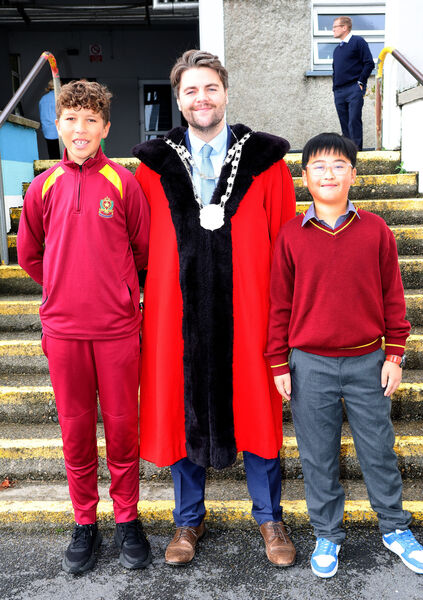 Metropolitan Mayor of Waterford Cllr. Adam Wyse, annul school visits and was welcomed to St. Stephen's De La Salle by Reece and Tenyu. Photo: Joe Evans  Metropolitan Mayor of Waterford Cllr. Adam Wyse, annul school visits and was welcomed to St. Stephen's De La Salle by Reece and Tenyu. Photo: Joe Evans