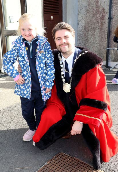 Metropolitan Mayor of Waterford Cllr. Adam Wyse, annul school visits, on his visit to St. Mary's Ballygunner he was welcomed by Lottie. Photo: Joe Evans  Metropolitan Mayor of Waterford Cllr. Adam Wyse, annul school visits, on his visit to St. Mary's Ballygunner he was welcomed by Lottie. Photo: Joe Evans