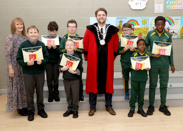 Metropolitan Mayor of Waterford Cllr. Adam Wyse, annul school visits and presented school attendance certificates to the pupils also included is Principal Caroline Douris. Photo: Joe Evans  Metropolitan Mayor of Waterford Cllr. Adam Wyse, annul school visits and presented school attendance certificates to the pupils also included is Principal Caroline Douris. Photo: Joe Evans
