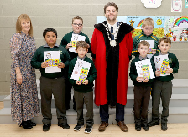 Metropolitan Mayor of Waterford Cllr. Adam Wyse, annul school visits and presented Maths Week certificates to the pupils also included is Principal Caroline Douris. Photo: Joe Evans  Metropolitan Mayor of Waterford Cllr. Adam Wyse, annul school visits and presented Maths Week certificates to the pupils also included is Principal Caroline Douris. Photo: Joe Evans