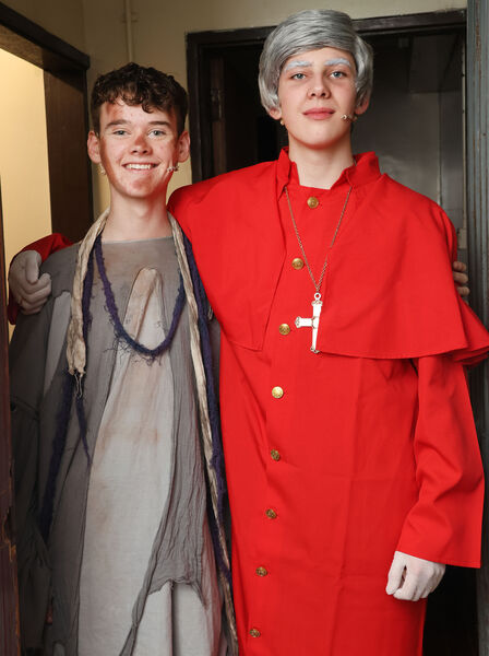 Luke Brown and Billy Dwyer, back stage at De La Salle College, production of Les Misérables. Photo: Joe Evans  Luke Brown and Billy Dwyer, back stage at De La Salle College, production of Les Misérables. Photo: Joe Evans