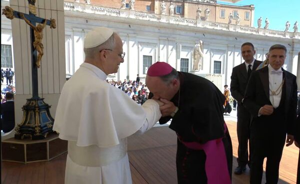 Bishop Cullinan meeting Pope Leo XIV in June.
