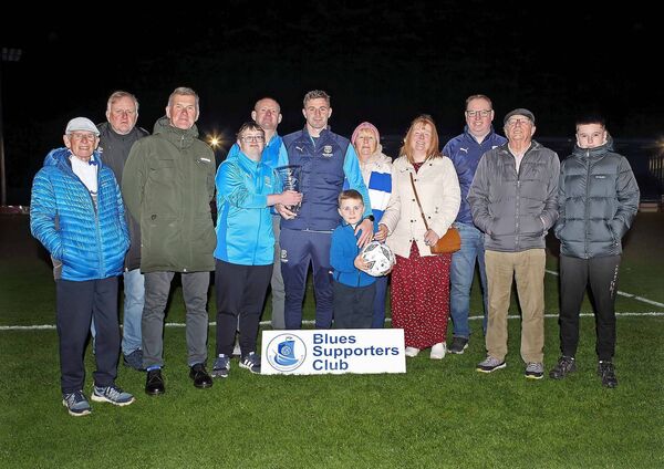 Waterford FC's Padraig Amond Blues Supporter's Club Senior Player of the Year and he is pictured receiving the Billy McGrath Memorial award from the late Billy McGrath's family, included were, Cepta, Andrew and Nicky Ryan, Tracey McGrath, Dick McGrath, Jacob Rose and Christy Wallace, Eoghan Amond, Odran Fitzgerald, Ray Brennan and Maurice Maguire from the BSC. Photos: Noel Browne Waterford FC's Padraig Amond Blues Supporter's Club Senior Player of the Year and he is pictured receiving the Billy McGrath Memorial award from the late Billy McGrath's family, included were, Cepta, Andrew and Nicky Ryan, Tracey McGrath, Dick McGrath, Jacob Rose and Christy Wallace, Eoghan Amond, Odran Fitzgerald, Ray Brennan and Maurice Maguire from the BSC. Photos: Noel Browne