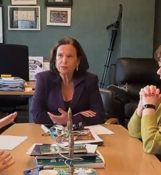 Mary Lou McDonald in talks with Waterford Crystal pensioners yesterday Mary Lou McDonald in talks with Waterford Crystal pensioners yesterday